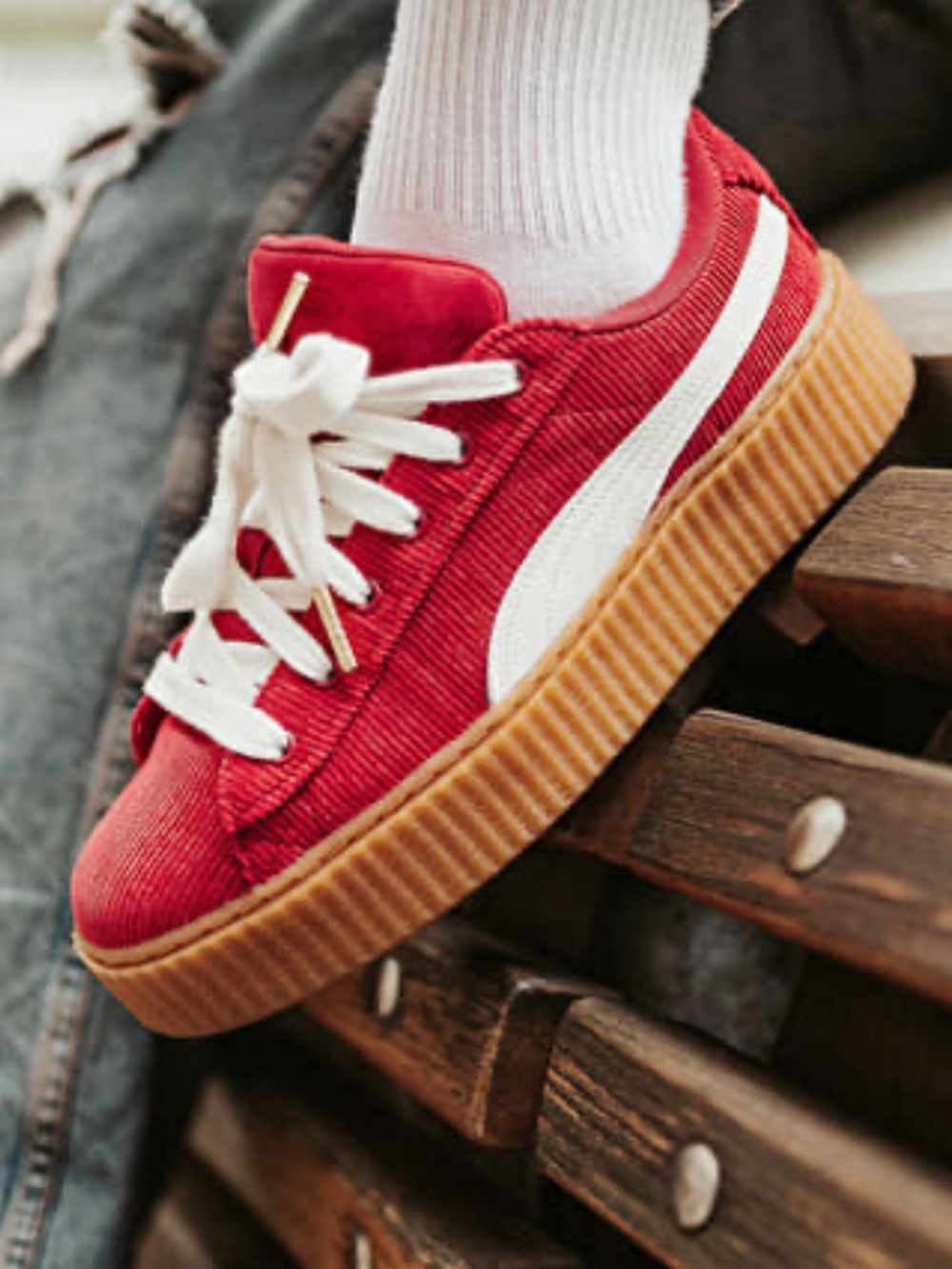 Red Corduroy Platform Sneakers with White Stripe - Women
